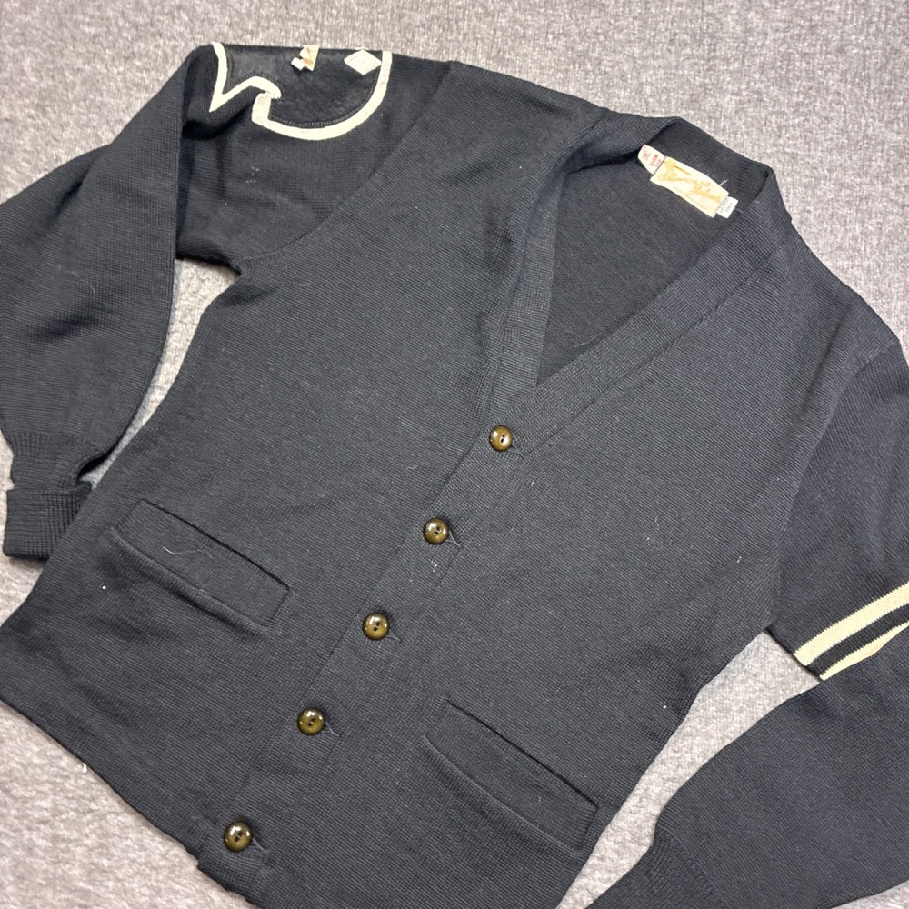 Shannon and Johnson Cardigan Sweater Mens 36 Black Vintage Letterman Wool 70s